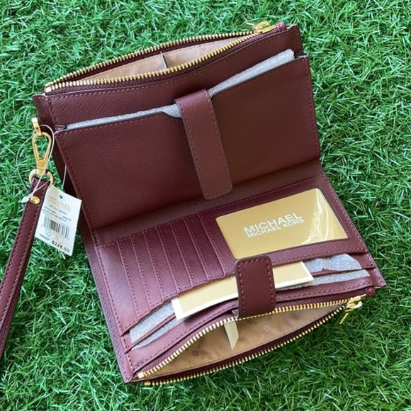 Michael Kors Jet Set Travel Large Double Zip Wristlet Wallet Dark Cherry Leather - Picture 7 of 16